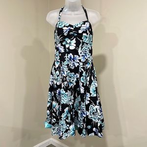 White House Black Market Floral Halter Dress - Black and Blue